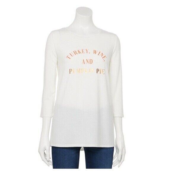Apt 9 Women's Three-Quarter Sleeve Graphic Tee Turkey, Wine, and Pumpkin Pie NEW - Picture 1 of 2